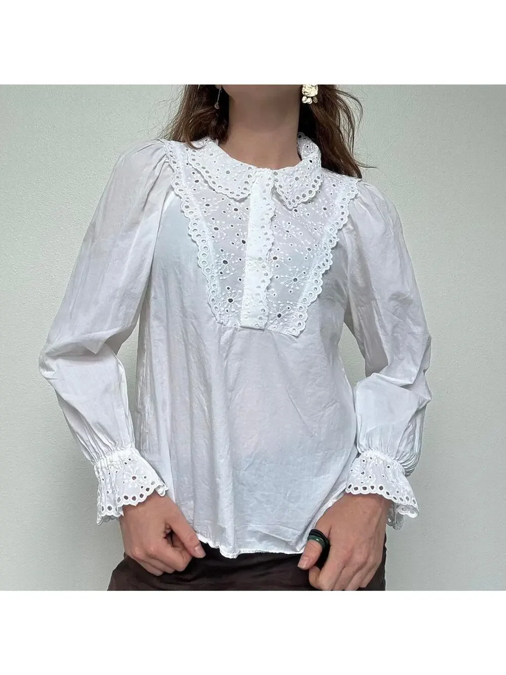 Zara white cotton blouse with lace eyelet collar